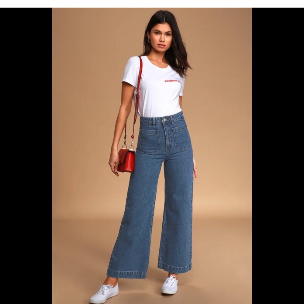 Rollas sailor Jean Ashley blue -  high rise wide leg med stone wash crop jeans